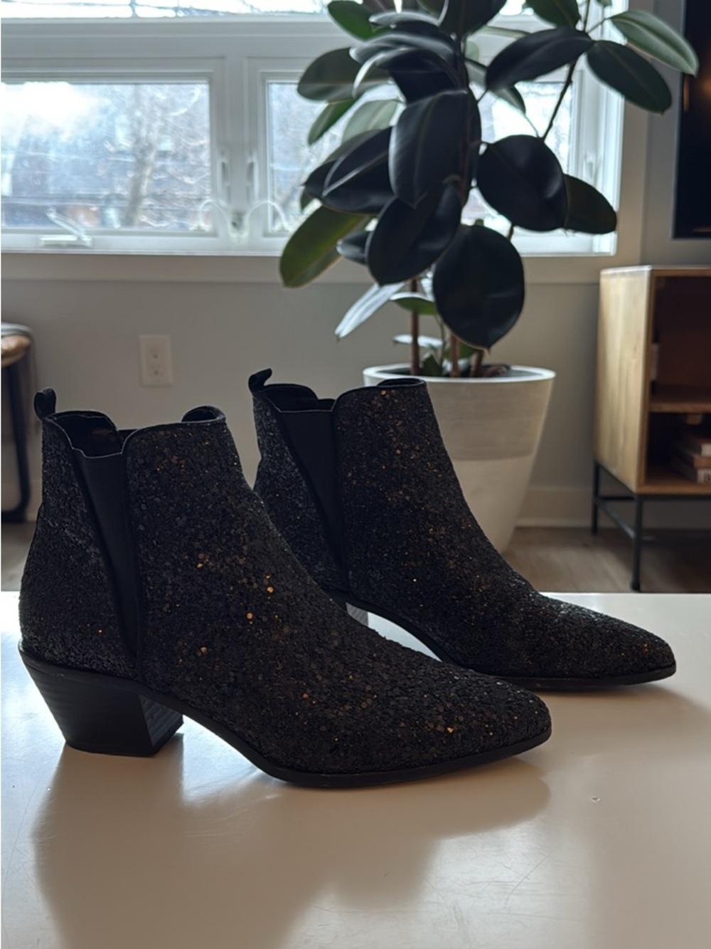 Zara Black Glitter Chelsea Ankle Boots